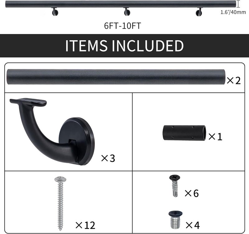 Picesa 8FT Modern Aluminum Handrail Set, handrails for Indoor Stairs,Deck,Slope, Wall Mounted Staircase handrails, Zink Alloy Brackets Included,Rust Free. (Matte Black, 8 FT) - Image 4